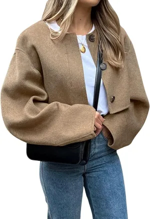 CHARTOU Women Cropped Wool Blend Pea Coat Short Jacket Peacoat Long Sleeve Button Down Crop Jacket