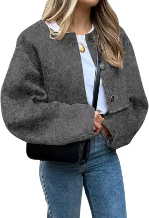 CHARTOU Women Cropped Wool Blend Pea Coat Short Jacket Peacoat Long Sleeve Button Down Crop Jacket