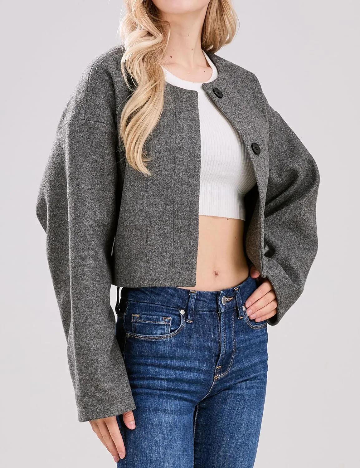CHARTOU Women Cropped Wool Blend Pea Coat Short Jacket Peacoat Long Sleeve Button Down Crop Jacket