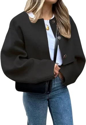 CHARTOU Women Cropped Wool Blend Pea Coat Short Jacket Peacoat Long Sleeve Button Down Crop Jacket