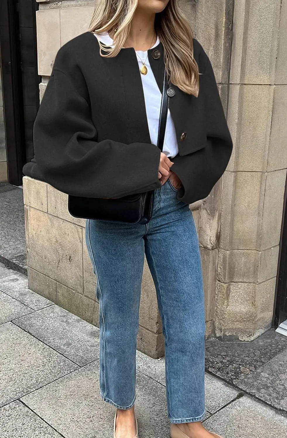 CHARTOU Women Cropped Wool Blend Pea Coat Short Jacket Peacoat Long Sleeve Button Down Crop Jacket