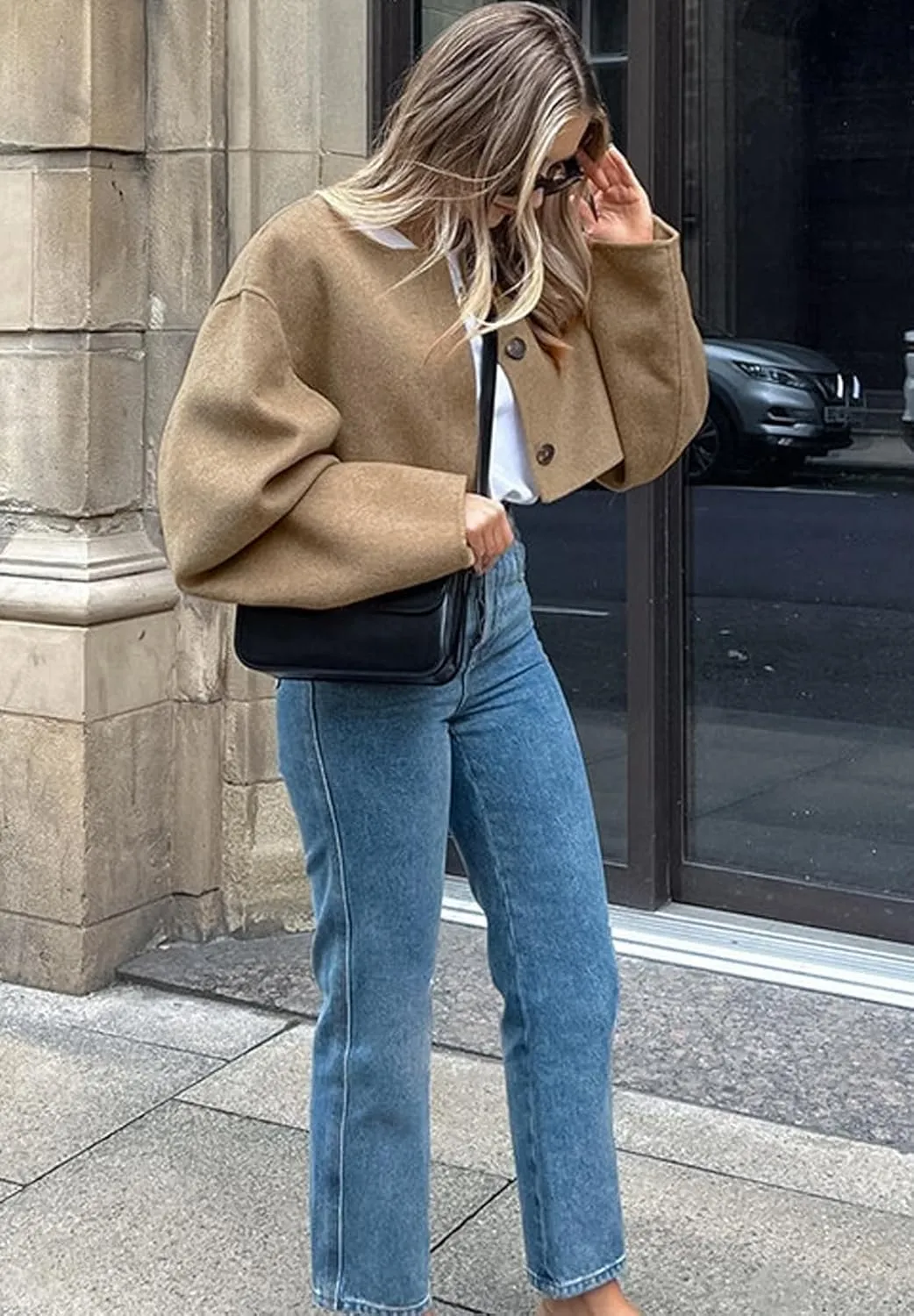 CHARTOU Women Cropped Wool Blend Pea Coat Short Jacket Peacoat Long Sleeve Button Down Crop Jacket