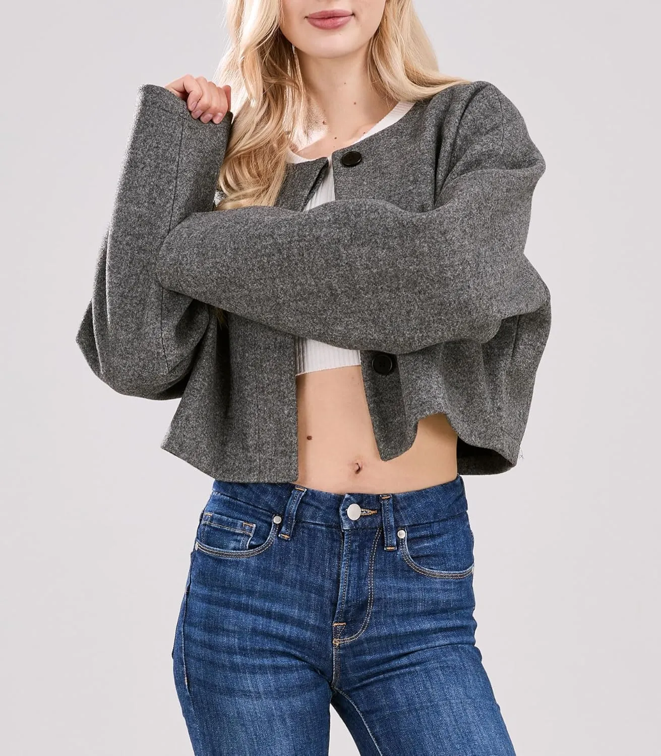 CHARTOU Women Cropped Wool Blend Pea Coat Short Jacket Peacoat Long Sleeve Button Down Crop Jacket