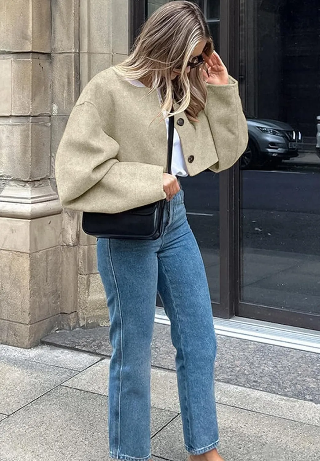 CHARTOU Women Cropped Wool Blend Pea Coat Short Jacket Peacoat Long Sleeve Button Down Crop Jacket