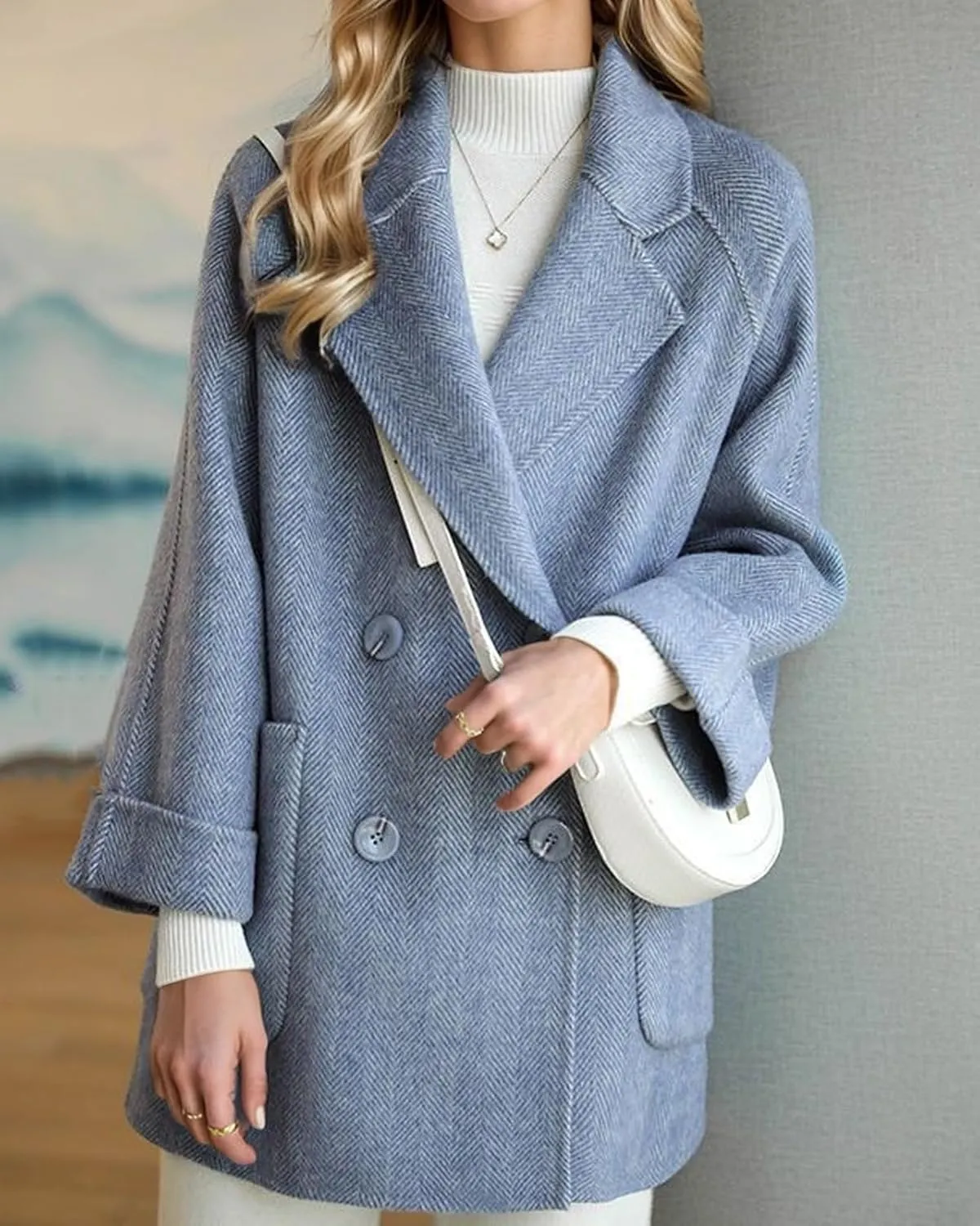CHARTOU Women Wool Coat Peacoat Jacket Thick Loose Double Breasted Pea Coat Woolen Winter Overcoat