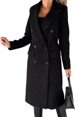 CHARTOU Womens Long Wool Pea Coats Notched Lapel Double Breasted Warm Jacket Wool Blend Trench Coat Overcoat with Pockets