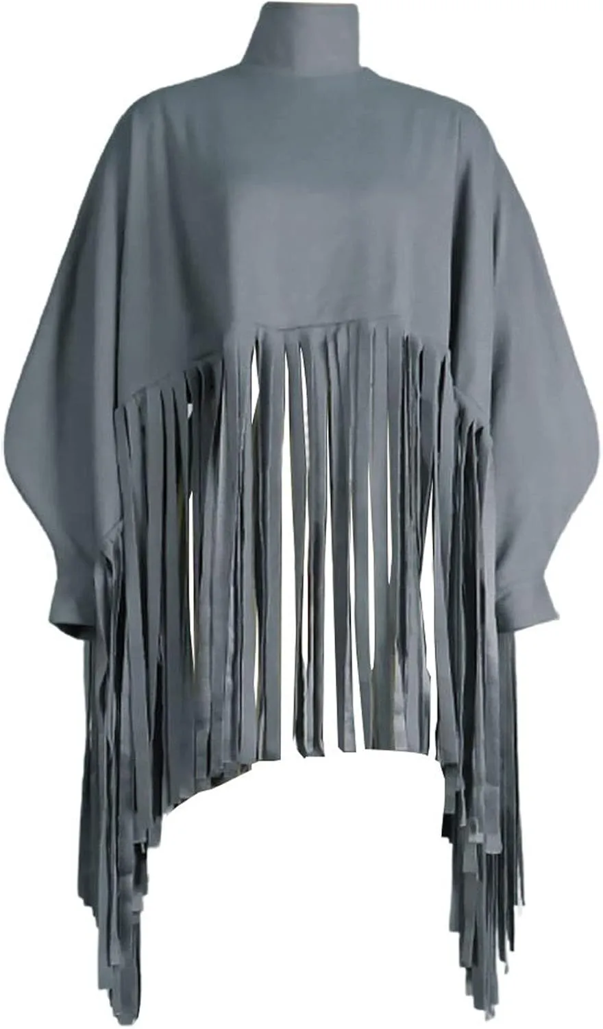 CHARTOU Women's Trendy Oversized High Neck Batwing Sleeve Tassel Fringe Wool Pullover Sweatshirt