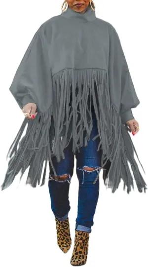 CHARTOU Women's Trendy Oversized High Neck Batwing Sleeve Tassel Fringe Wool Pullover Sweatshirt