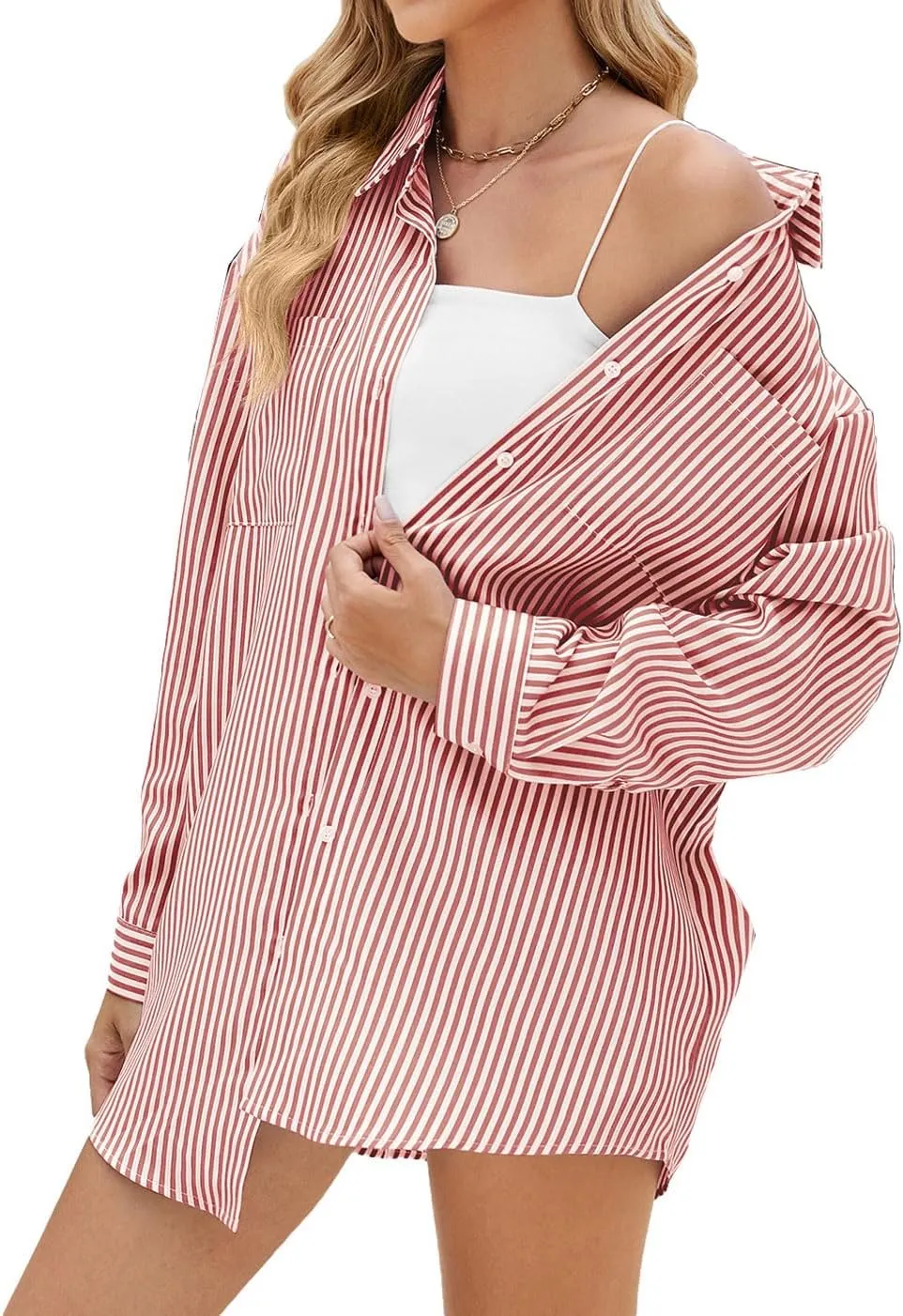 chouyatou Women's Fall Oversized Striped Button Down Shirt Lightweight Boyfriend Shirt Business Casual Top