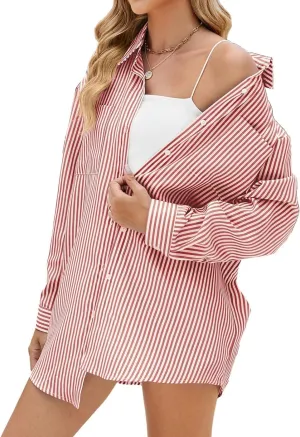 chouyatou Women's Fall Oversized Striped Button Down Shirt Lightweight Boyfriend Shirt Business Casual Top