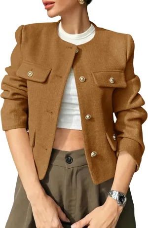 Cicy Bell Womens Cropped Tweed Blazer Jackets Collarless Button Down Business Casual Outfits with Pockets