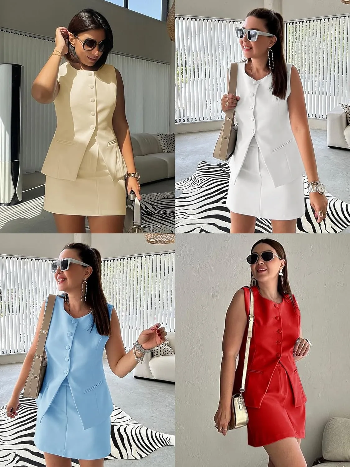 Cicy Bell Womens Summer 2 Piece Outfits Crew Neck Sleeveless Fitted Blazer Vest Matching Sets Work Mini Skirt Suit Sets
