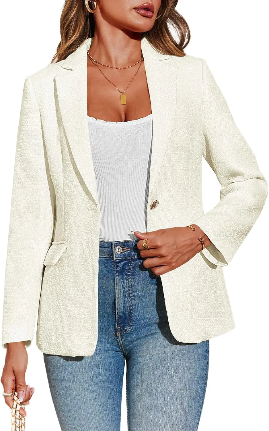 Cicy Bell Womens Tweed Blazer Dressy Casual Long Sleeve Button Open Front Suit Jackets Business Professional Outfits