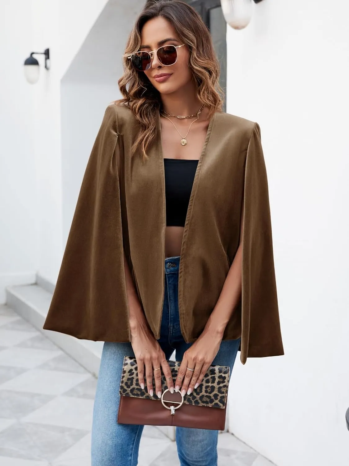Cicy Bell Women's Velvet Cape Blazer Jackets Casual Split Long Sleeve Open Front Coat