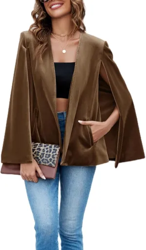 Cicy Bell Women's Velvet Cape Blazer Jackets Casual Split Long Sleeve Open Front Coat