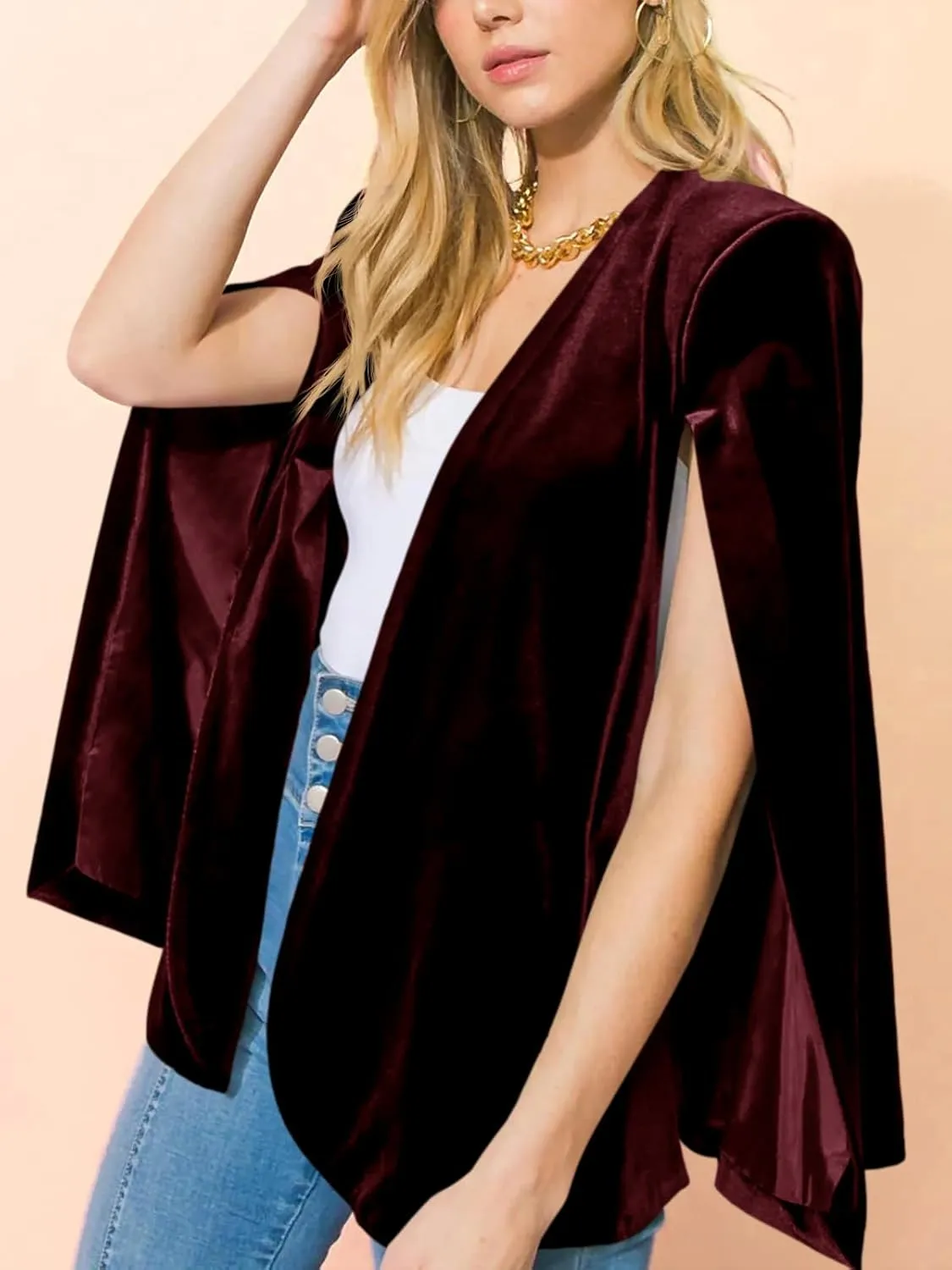 Cicy Bell Women's Velvet Cape Blazer Jackets Casual Split Long Sleeve Open Front Coat