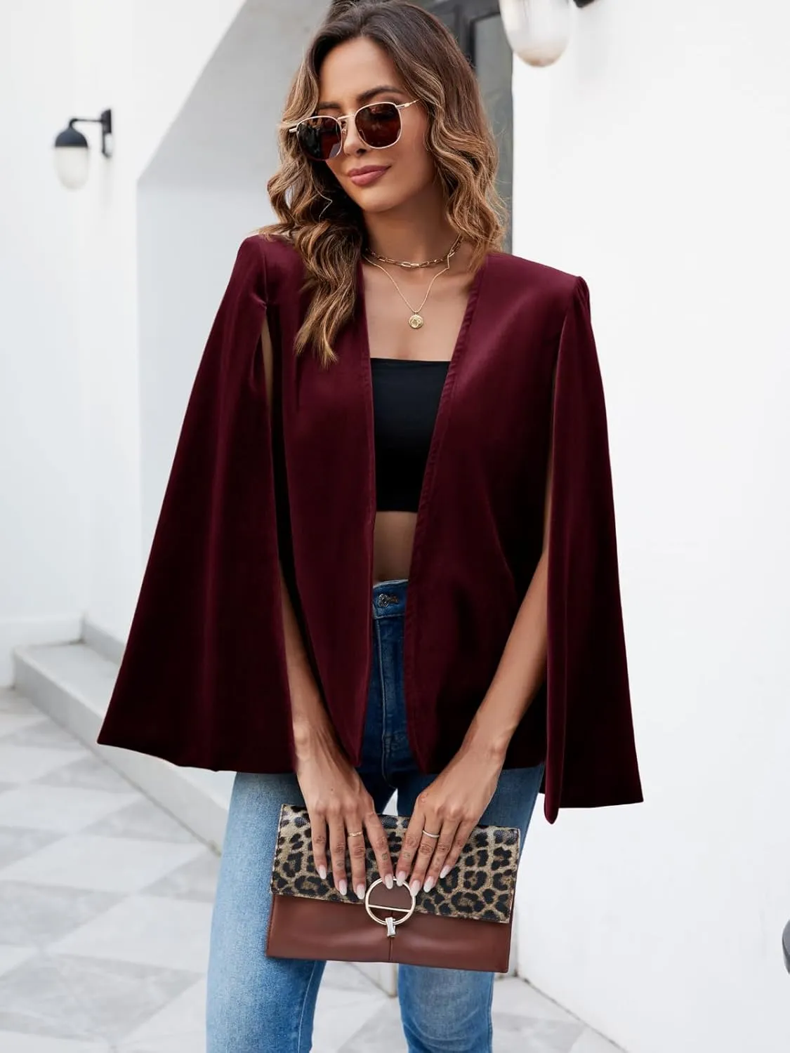 Cicy Bell Women's Velvet Cape Blazer Jackets Casual Split Long Sleeve Open Front Coat