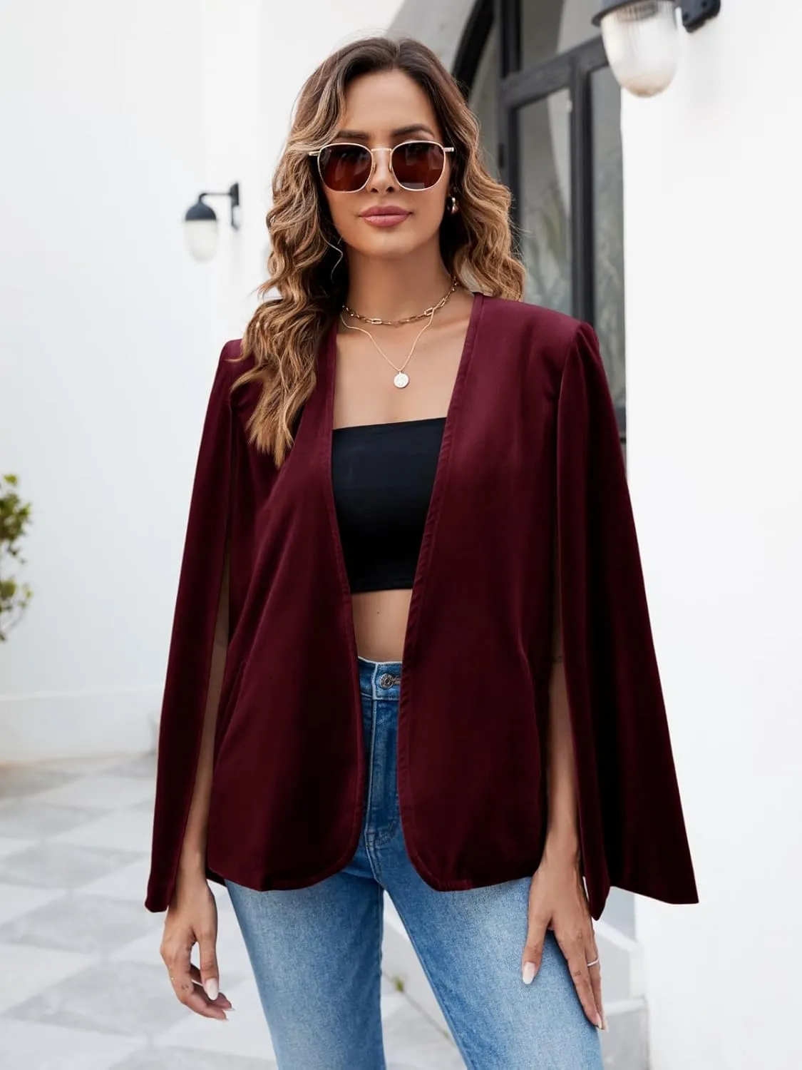 Cicy Bell Women's Velvet Cape Blazer Jackets Casual Split Long Sleeve Open Front Coat