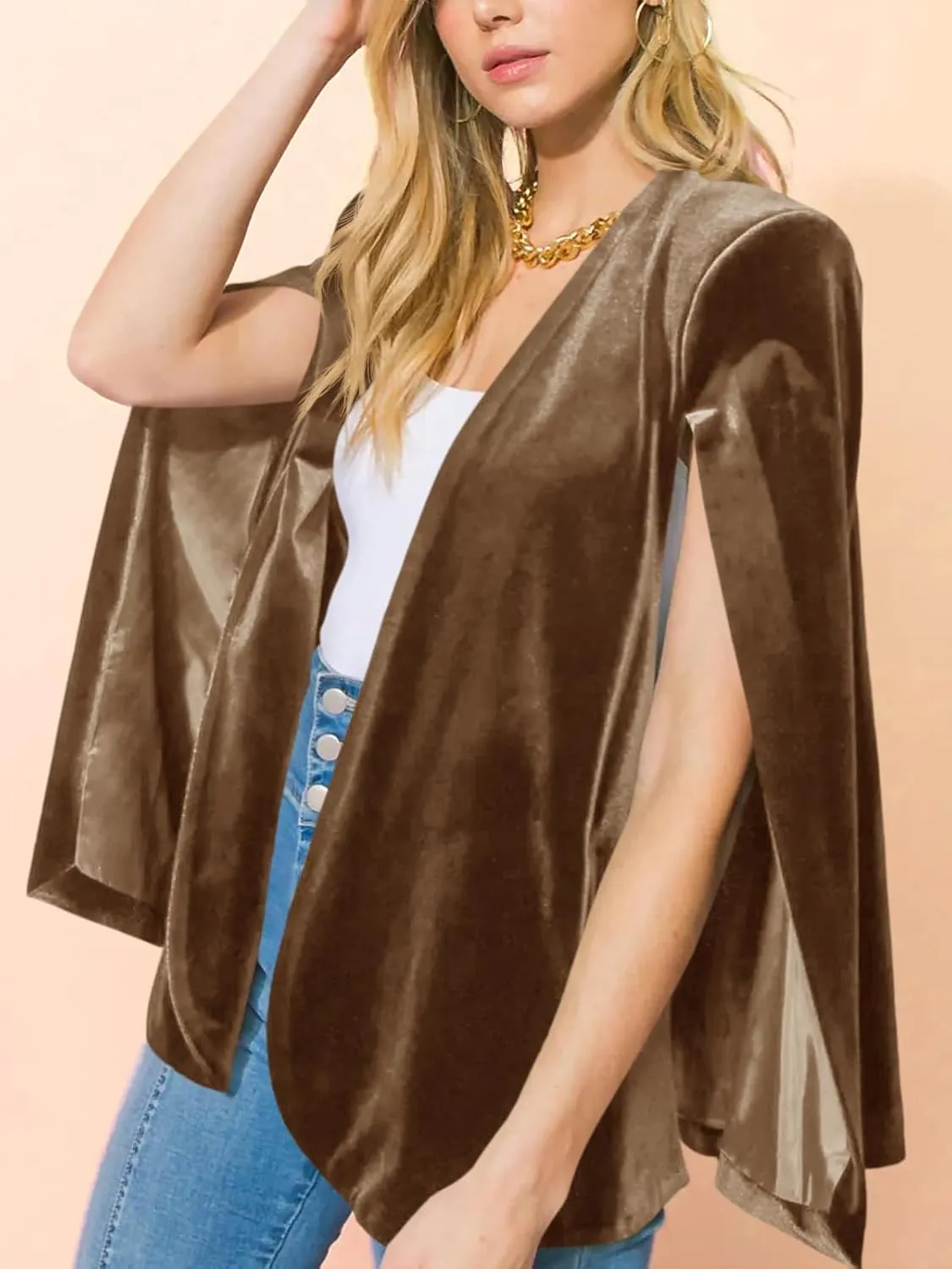 Cicy Bell Women's Velvet Cape Blazer Jackets Casual Split Long Sleeve Open Front Coat
