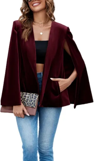 Cicy Bell Women's Velvet Cape Blazer Jackets Casual Split Long Sleeve Open Front Coat