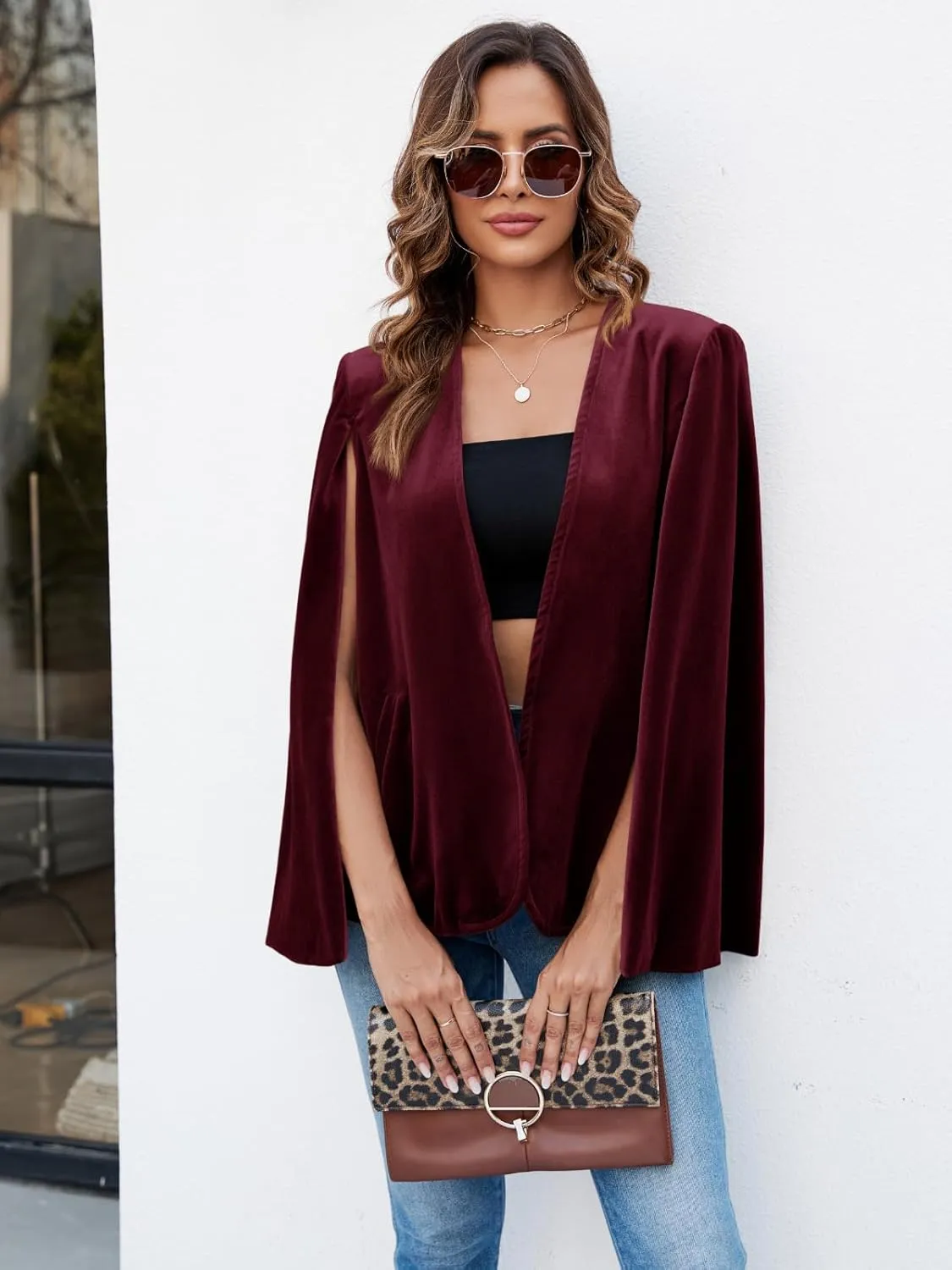 Cicy Bell Women's Velvet Cape Blazer Jackets Casual Split Long Sleeve Open Front Coat