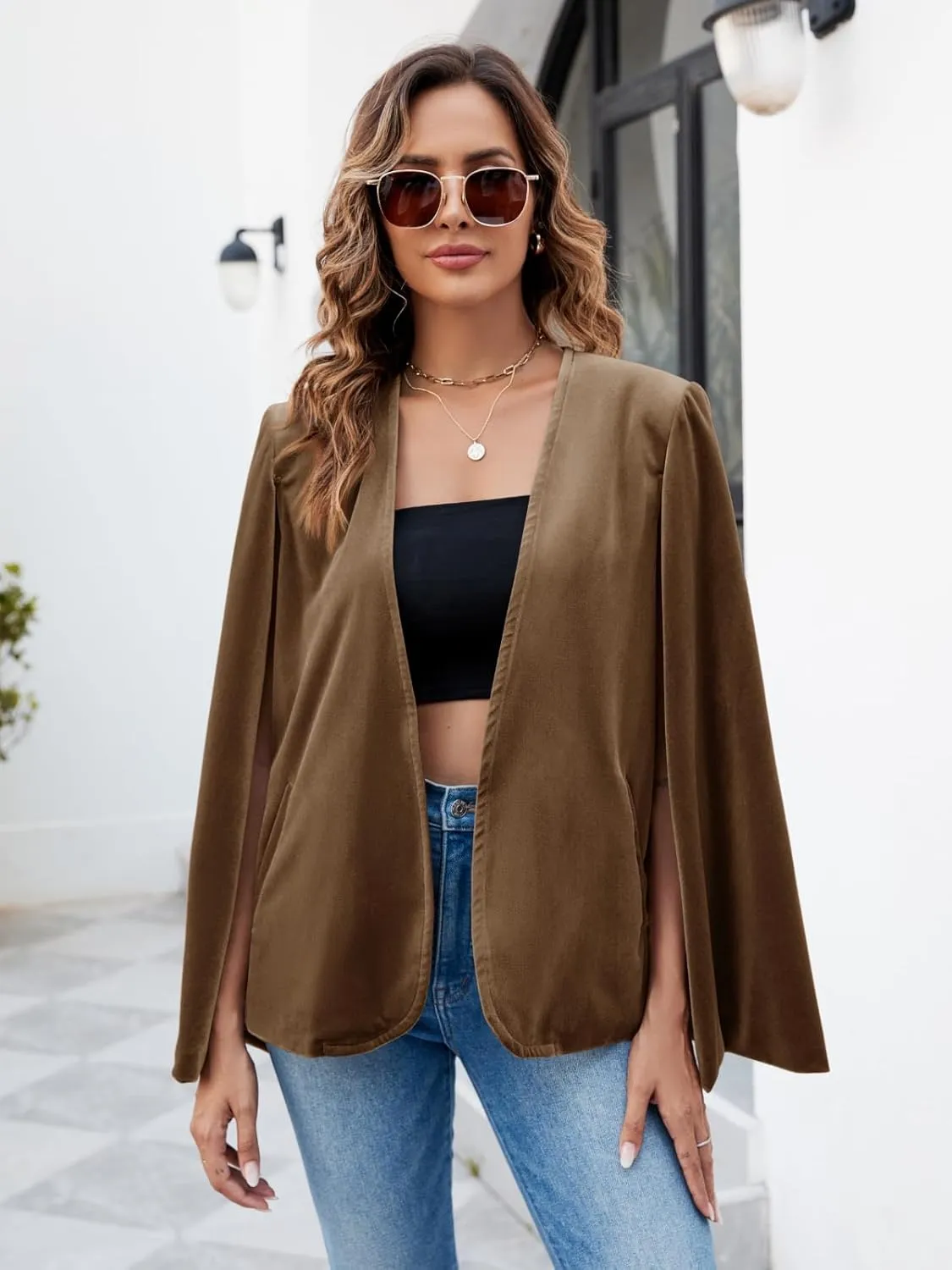 Cicy Bell Women's Velvet Cape Blazer Jackets Casual Split Long Sleeve Open Front Coat