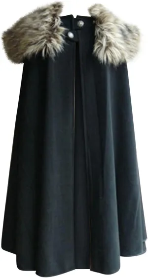 Cloak Coat for Men Winter Warm Gothic Wool Faux Fur Collar Long Cape Cloak Vintage Medieval Viking Fleece Jacket
