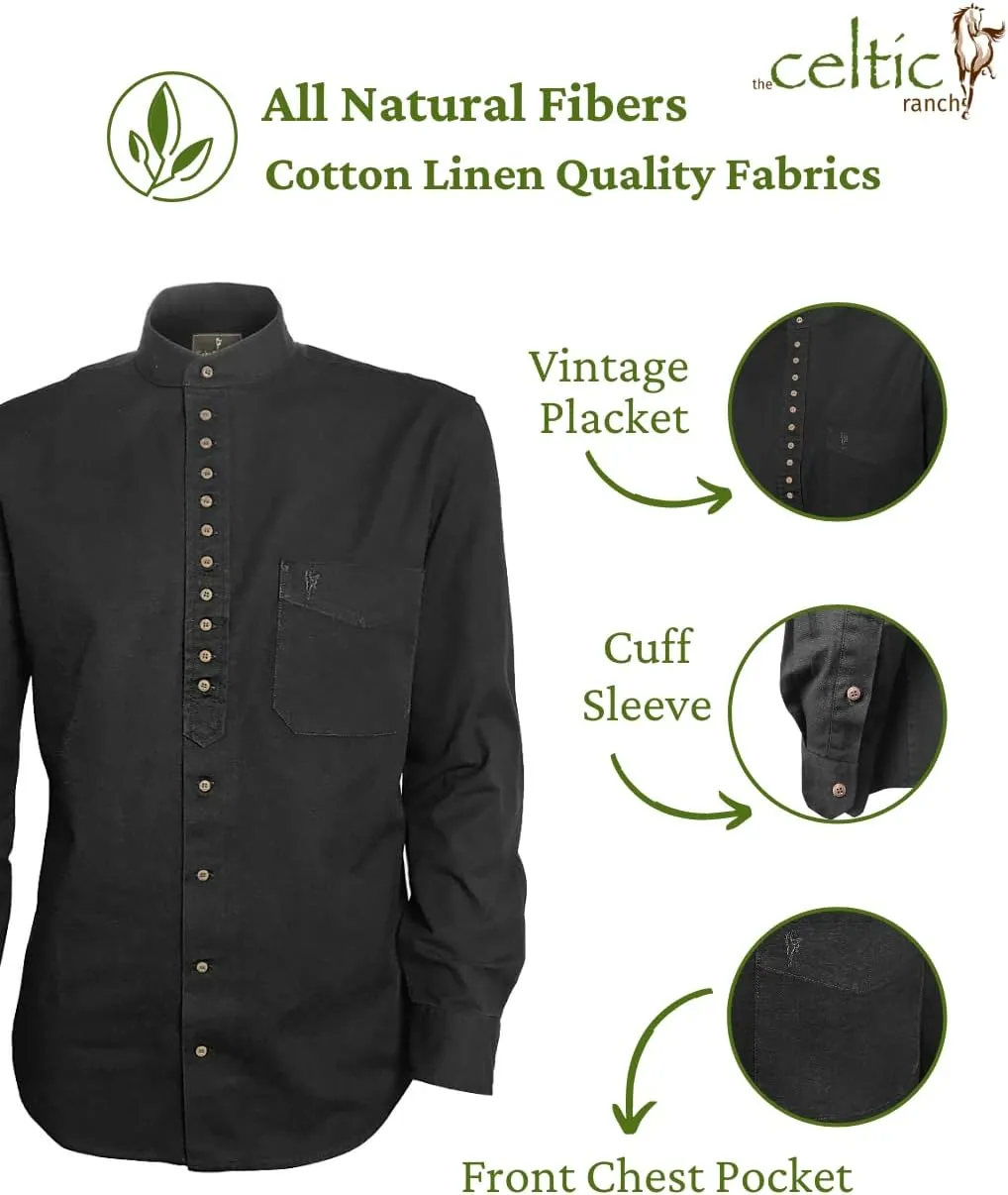 Collarless Shirt for Men, Irish Grandfather Cotton Linen Long Sleeve Button Down Banded Collar Dress Shirt