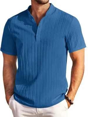 COOFANDY Men Casual Henley Tee Shirt Short Sleeve Band Collar Summer Beach Textured T-Shirt