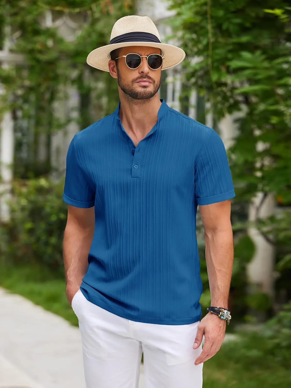 COOFANDY Men Casual Henley Tee Shirt Short Sleeve Band Collar Summer Beach Textured T-Shirt
