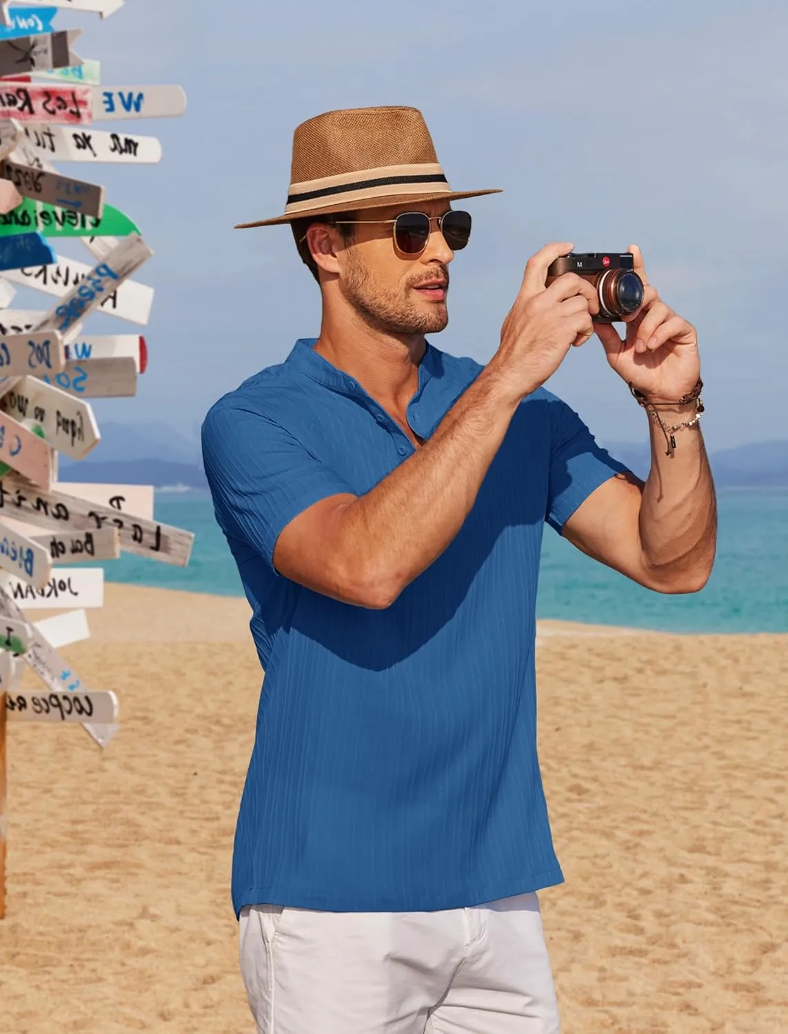 COOFANDY Men Casual Henley Tee Shirt Short Sleeve Band Collar Summer Beach Textured T-Shirt