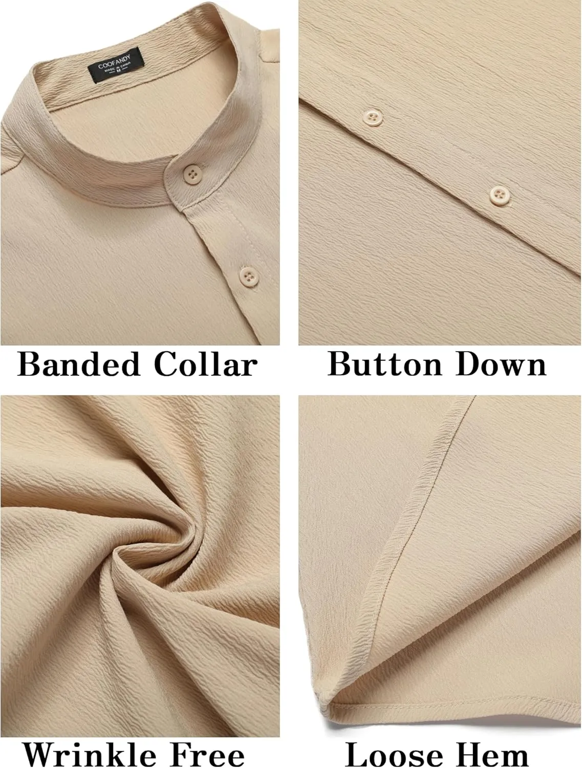 COOFANDY Men's Casual Button Down Short Sleeve Shirt Band Collar Shirts Textured Beach Summer Shirt