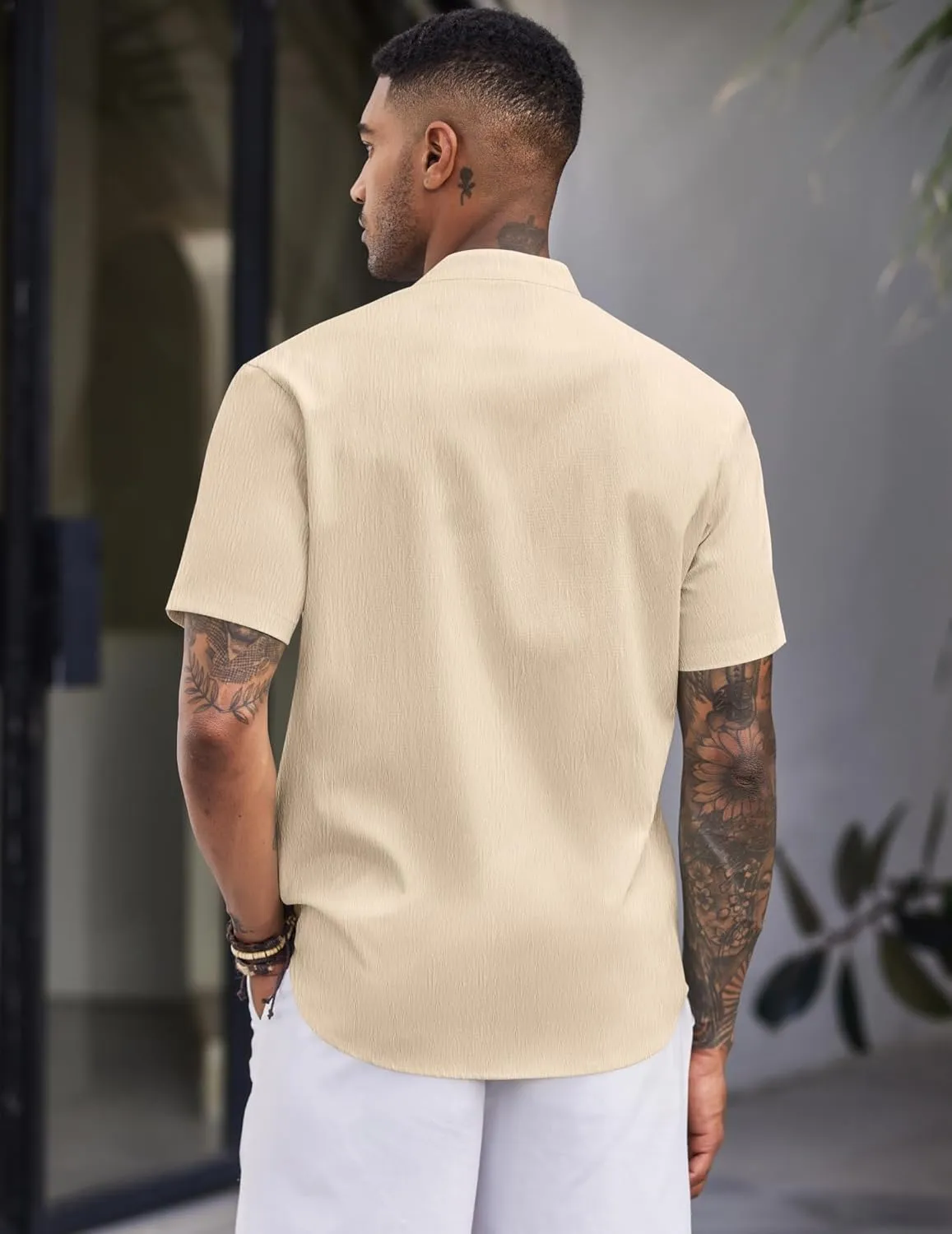 COOFANDY Men's Casual Button Down Short Sleeve Shirt Band Collar Shirts Textured Beach Summer Shirt