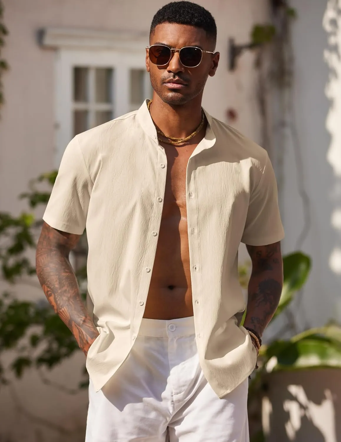 COOFANDY Men's Casual Button Down Short Sleeve Shirt Band Collar Shirts Textured Beach Summer Shirt