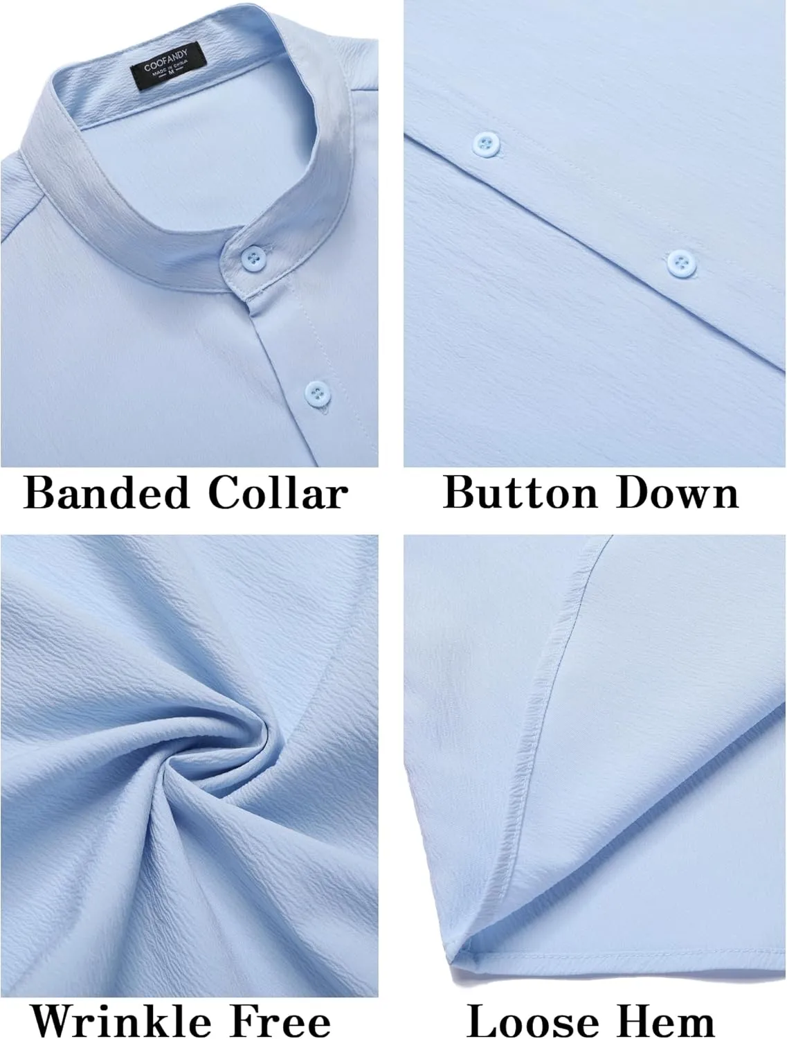 COOFANDY Men's Casual Button Down Short Sleeve Shirt Band Collar Shirts Textured Beach Summer Shirt