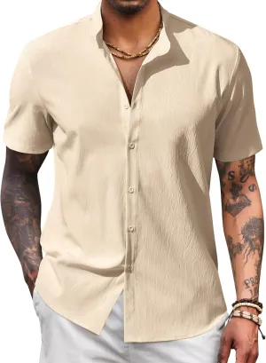 COOFANDY Men's Casual Button Down Short Sleeve Shirt Band Collar Shirts Textured Beach Summer Shirt