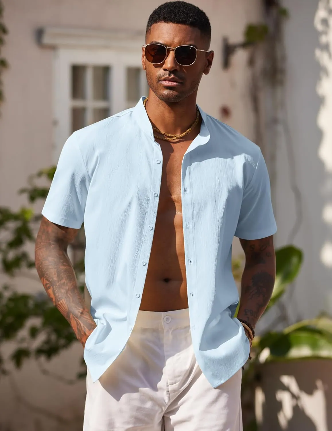 COOFANDY Men's Casual Button Down Short Sleeve Shirt Band Collar Shirts Textured Beach Summer Shirt
