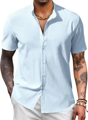 COOFANDY Men's Casual Button Down Short Sleeve Shirt Band Collar Shirts Textured Beach Summer Shirt