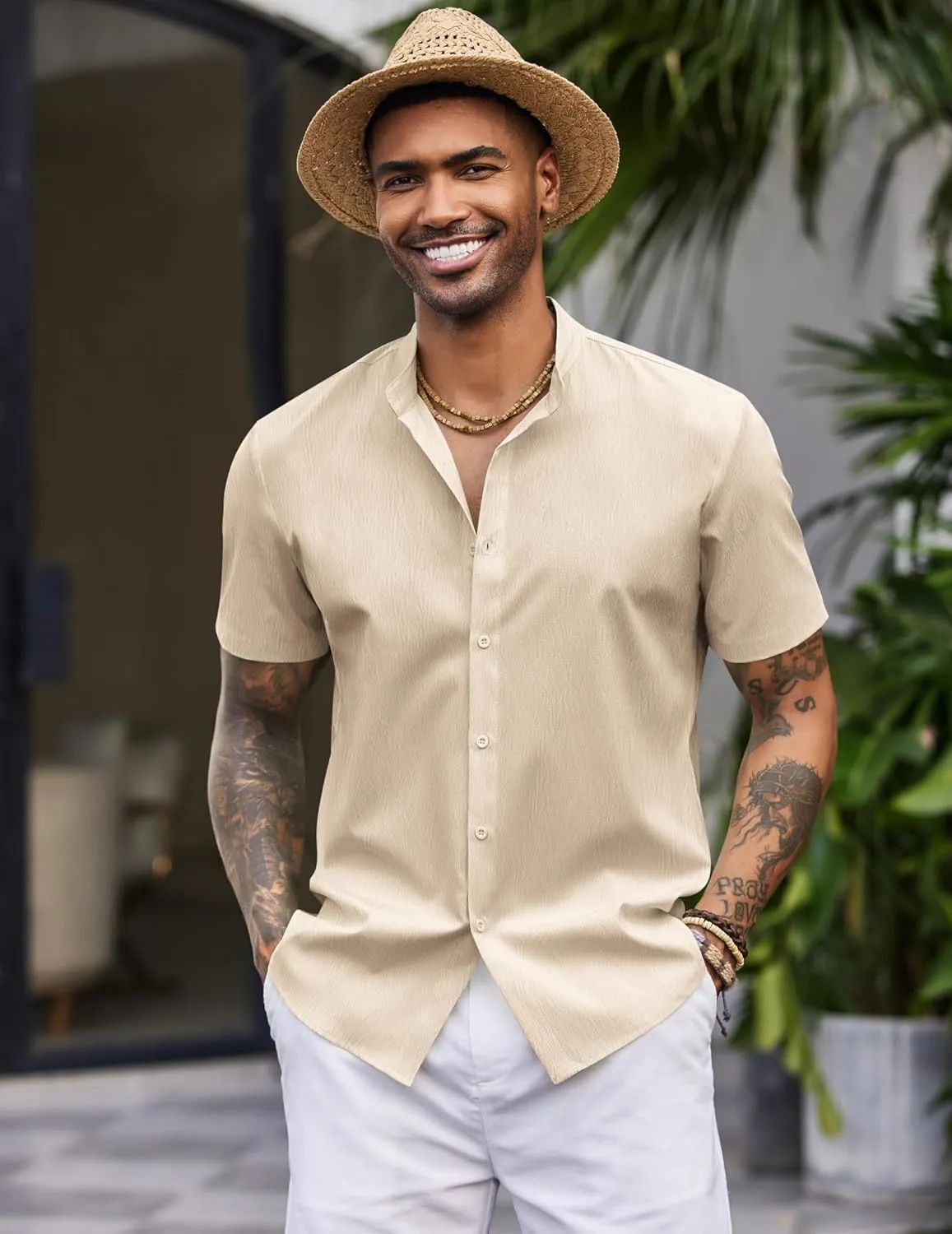 COOFANDY Men's Casual Button Down Short Sleeve Shirt Band Collar Shirts Textured Beach Summer Shirt