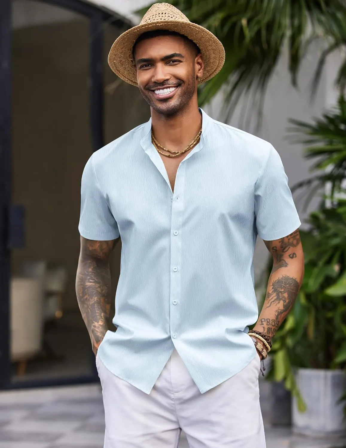 COOFANDY Men's Casual Button Down Short Sleeve Shirt Band Collar Shirts Textured Beach Summer Shirt