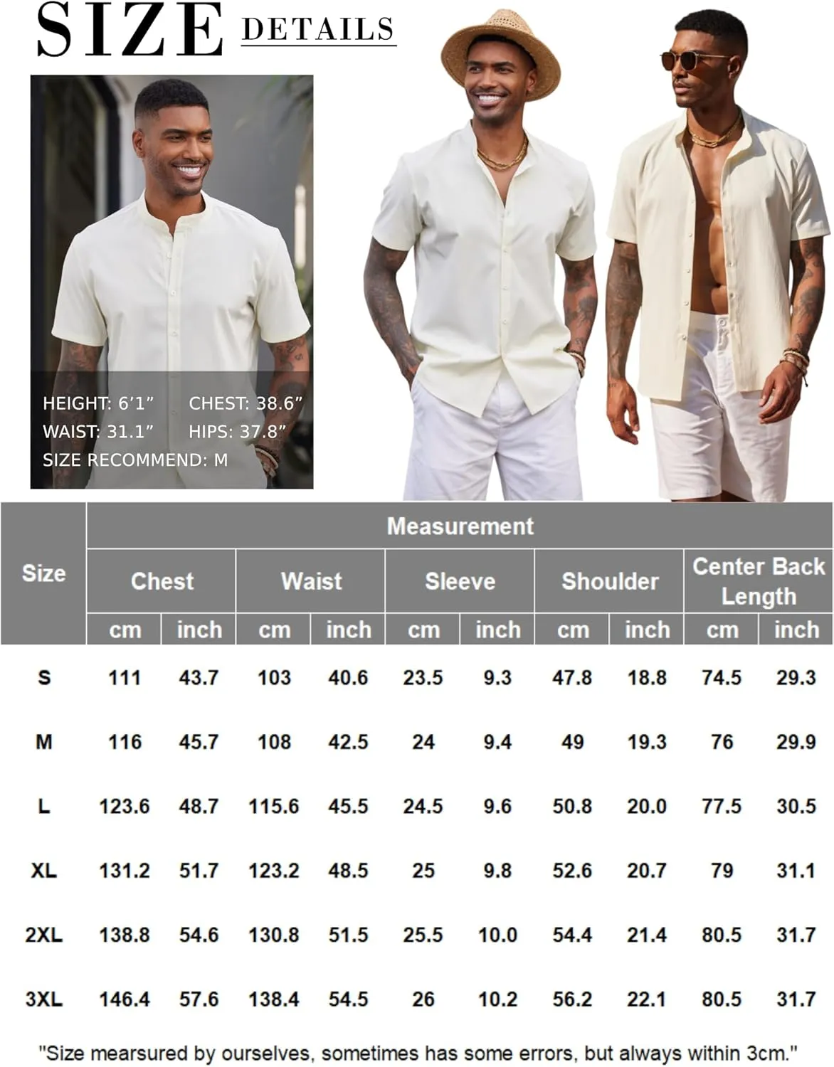 COOFANDY Men's Casual Button Down Short Sleeve Shirt Band Collar Shirts Textured Beach Summer Shirt