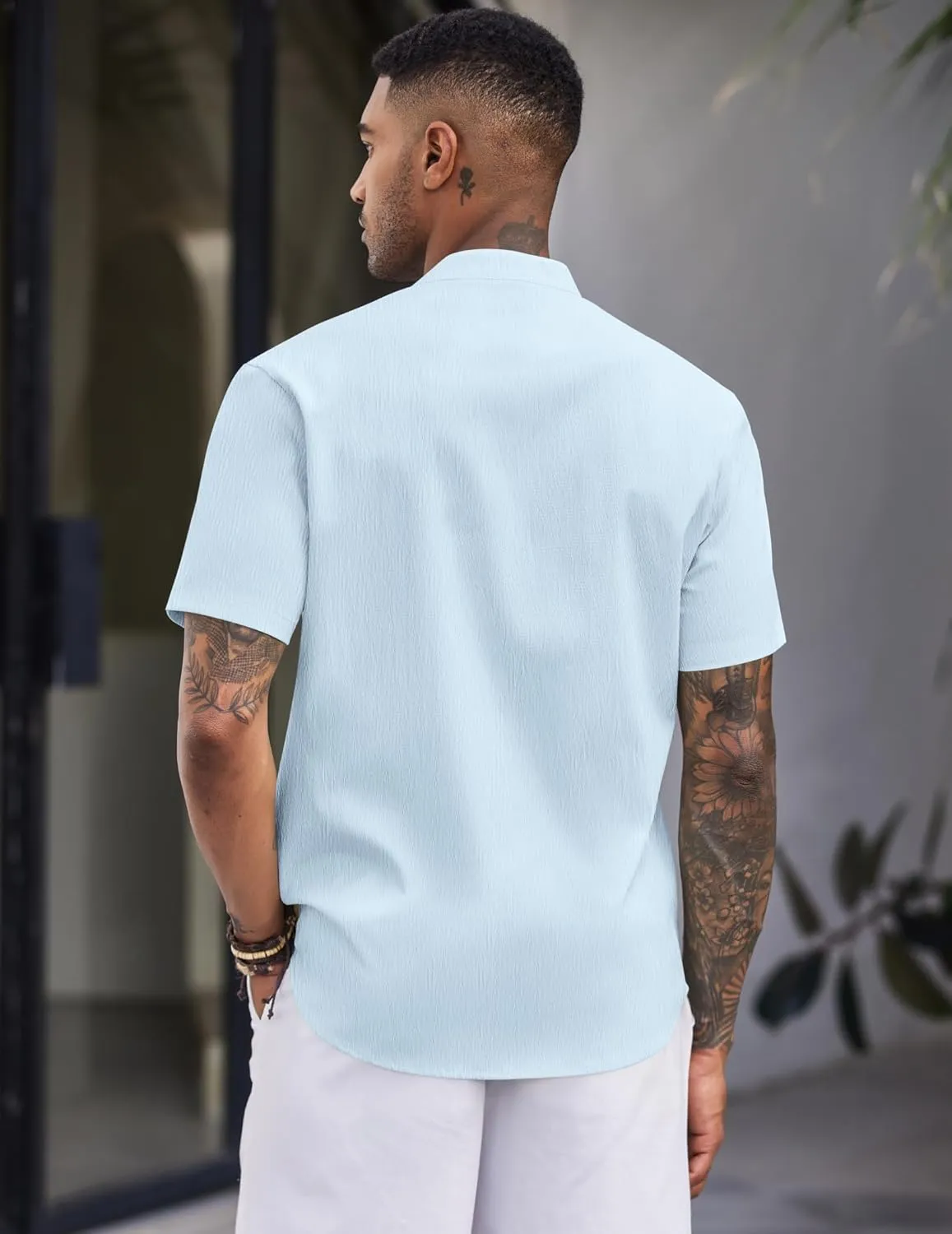 COOFANDY Men's Casual Button Down Short Sleeve Shirt Band Collar Shirts Textured Beach Summer Shirt