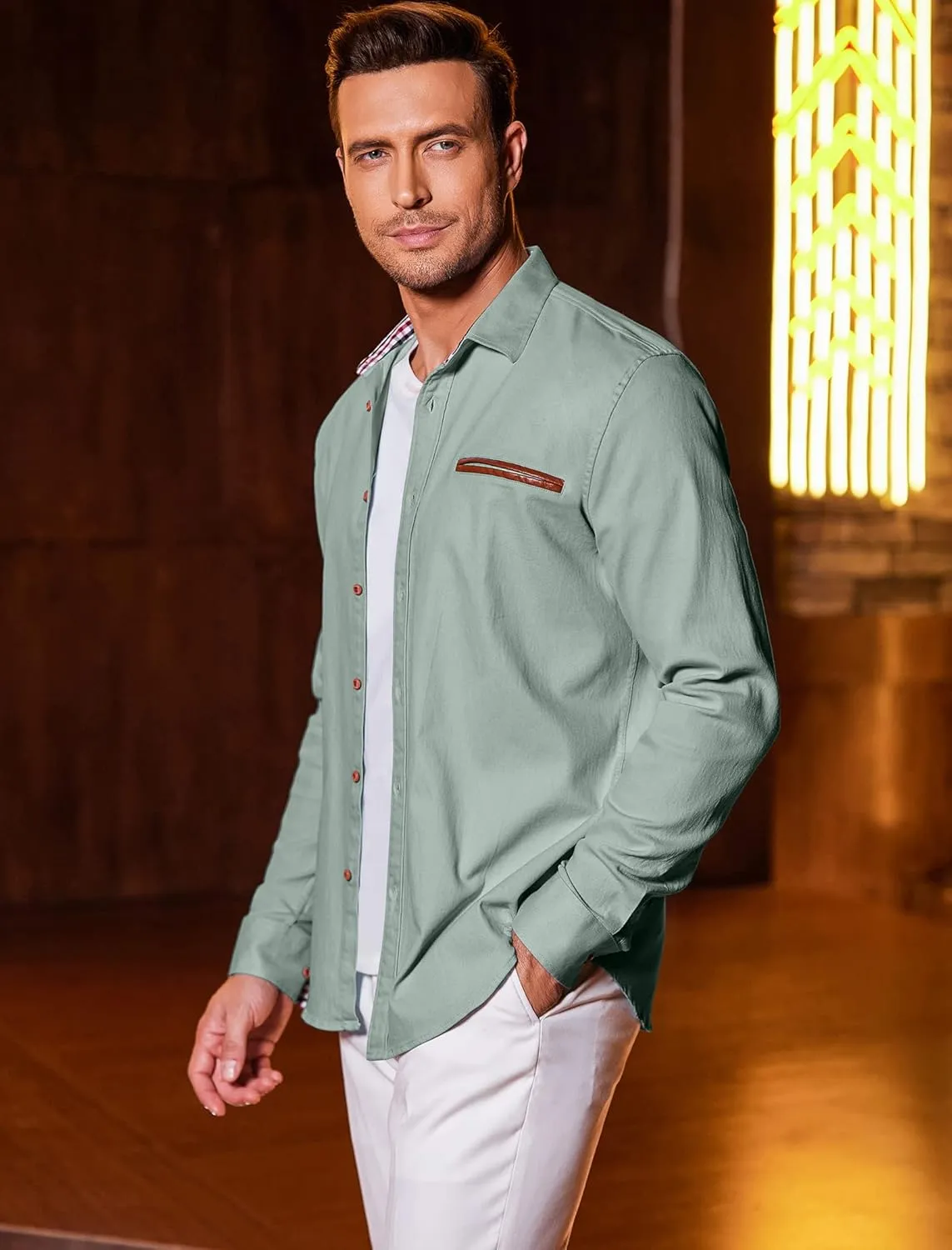 COOFANDY Men's Casual Dress Shirt Button Down Shirts Long-Sleeve Plaid Collar Denim Work Shirt