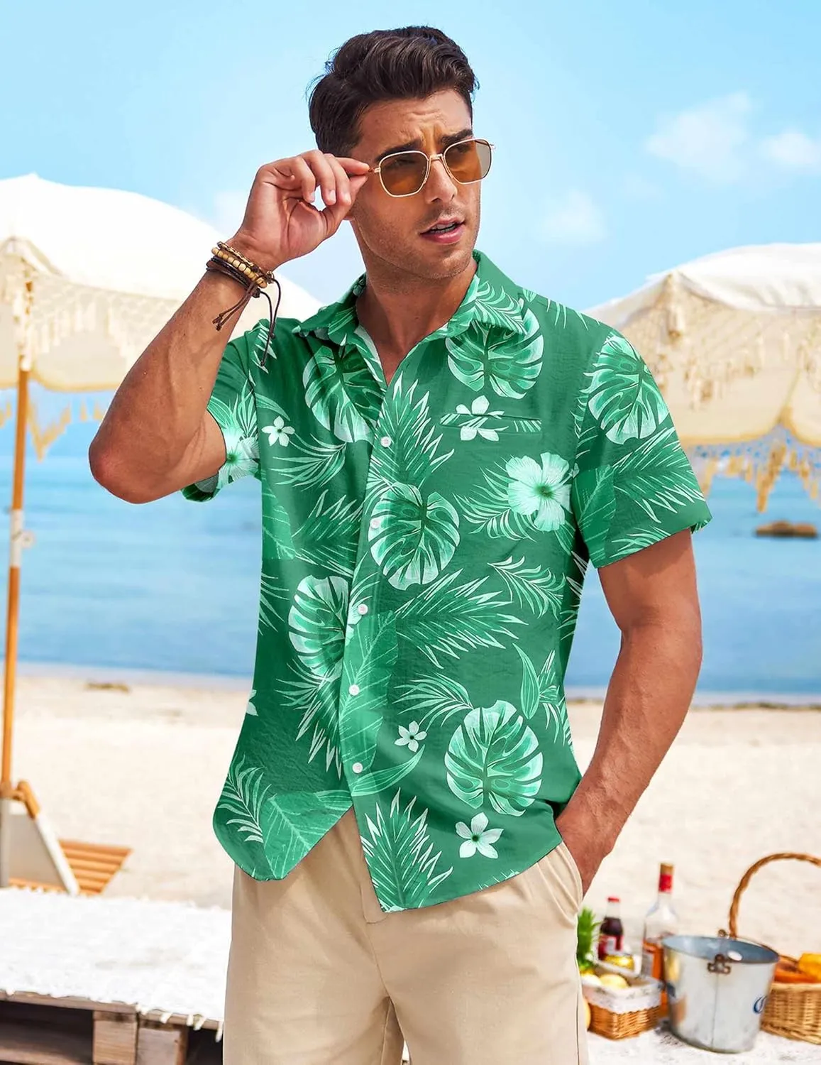 COOFANDY Mens Casual Linen Shirt Short Sleeve Button Down Shirt Summer Beach Hawaiian Shirts
