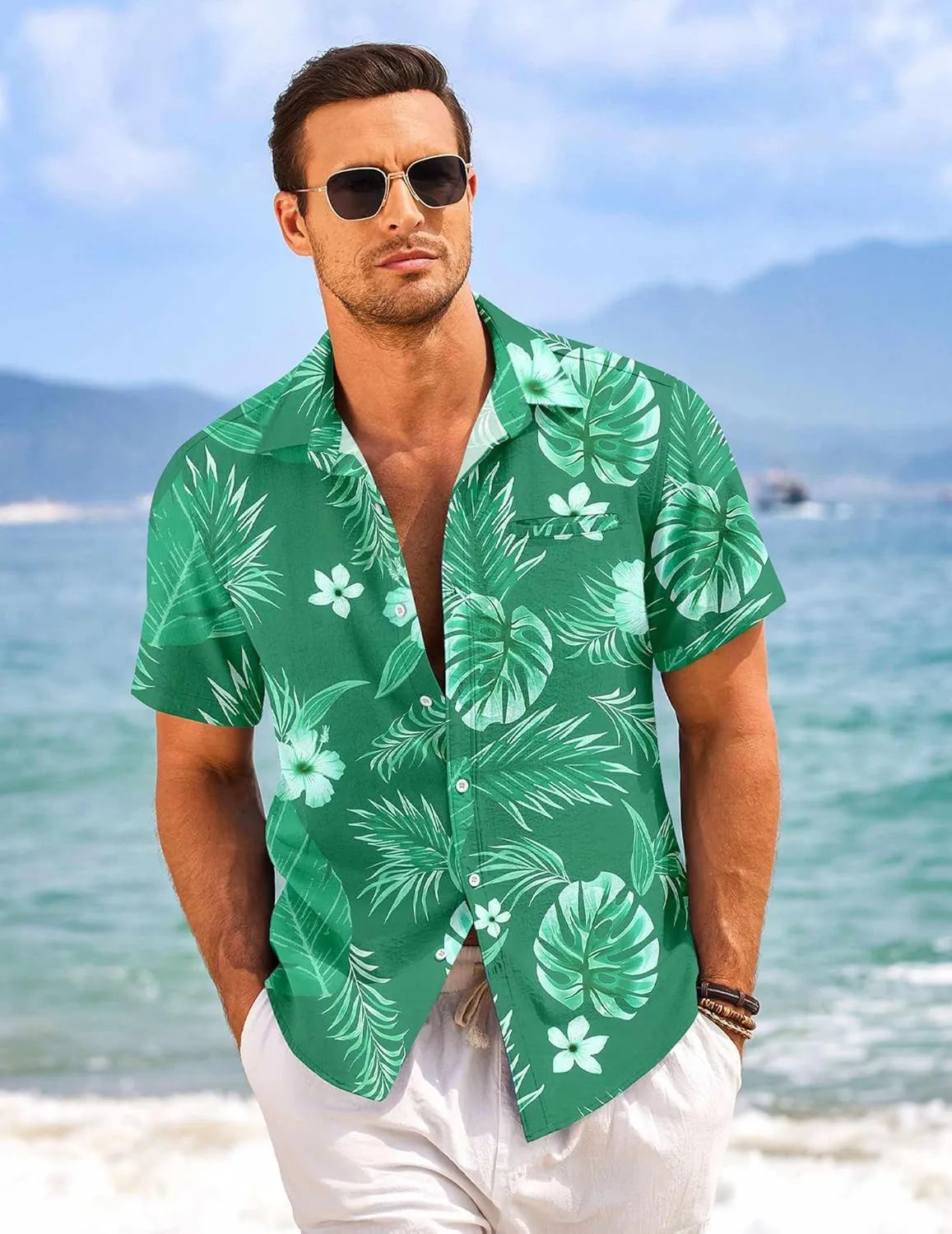 COOFANDY Mens Casual Linen Shirt Short Sleeve Button Down Shirt Summer Beach Hawaiian Shirts