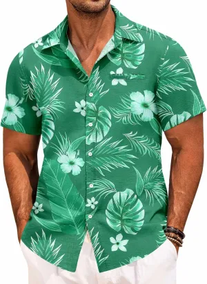 COOFANDY Mens Casual Linen Shirt Short Sleeve Button Down Shirt Summer Beach Hawaiian Shirts