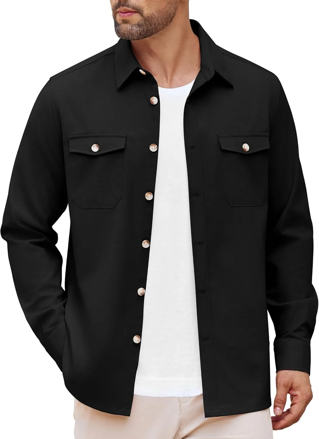 COOFANDY Men's Casual Shirt Jacket Linen Button Down Shirt Long Sleeve Lightweight Shacket with Pockets