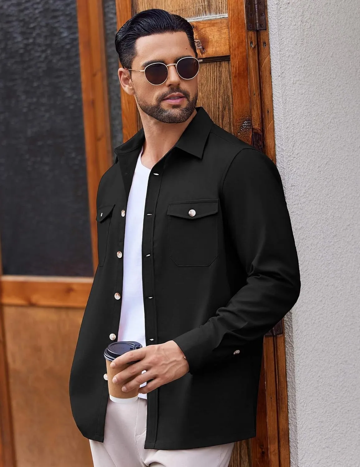 COOFANDY Men's Casual Shirt Jacket Linen Button Down Shirt Long Sleeve Lightweight Shacket with Pockets