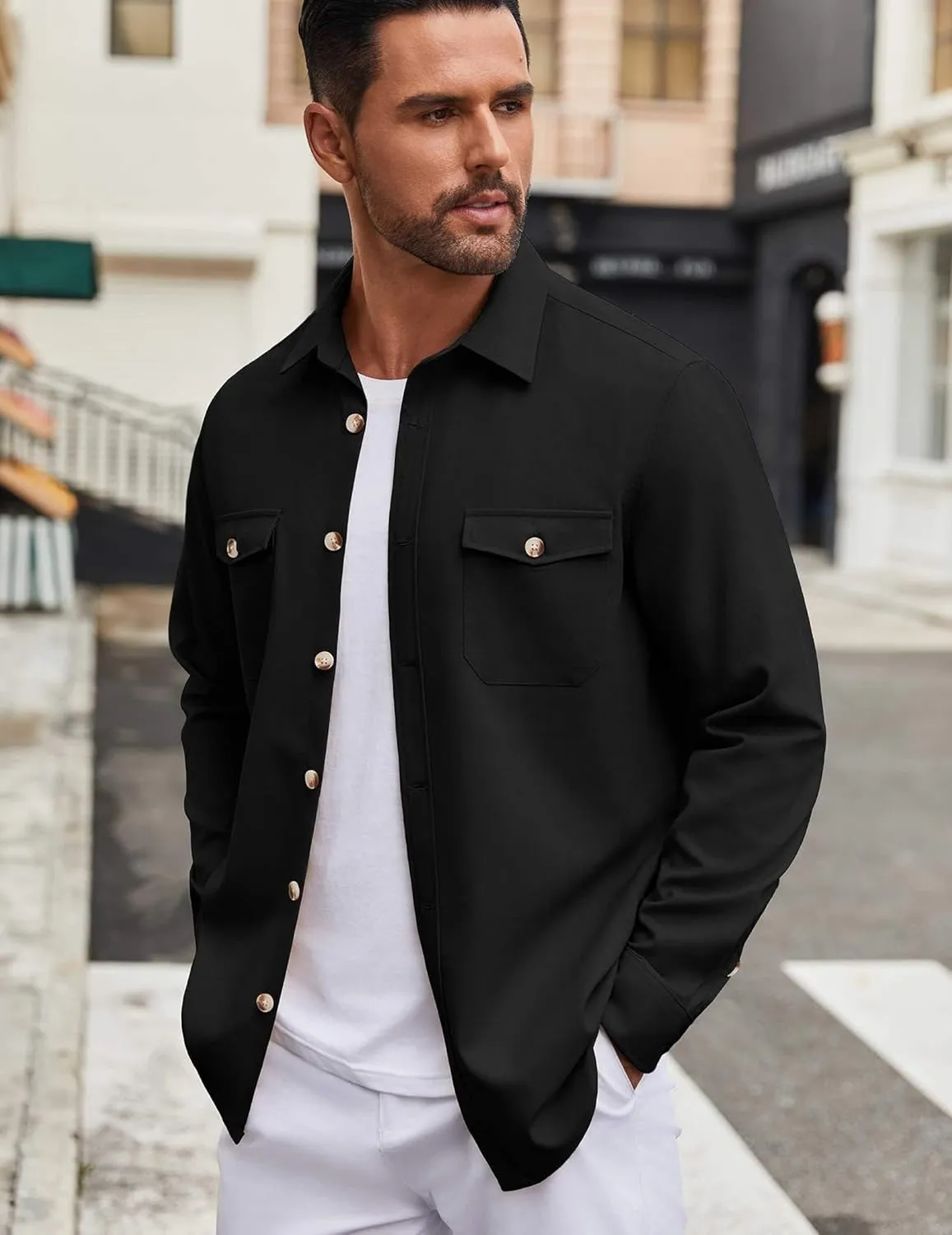 COOFANDY Men's Casual Shirt Jacket Linen Button Down Shirt Long Sleeve Lightweight Shacket with Pockets