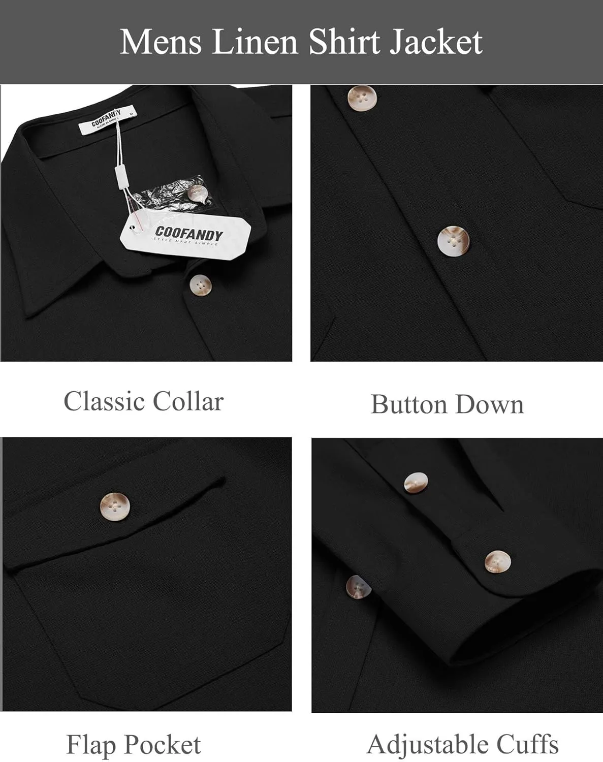 COOFANDY Men's Casual Shirt Jacket Linen Button Down Shirt Long Sleeve Lightweight Shacket with Pockets